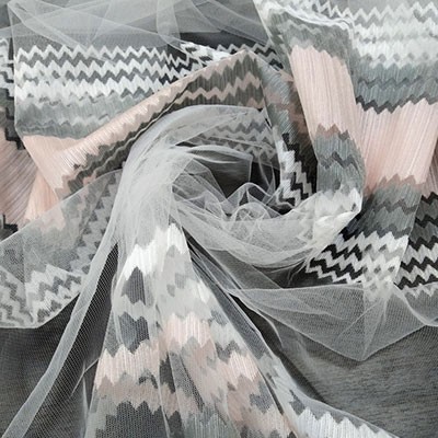 Тюль Сетка Полоса розово-серый/белый